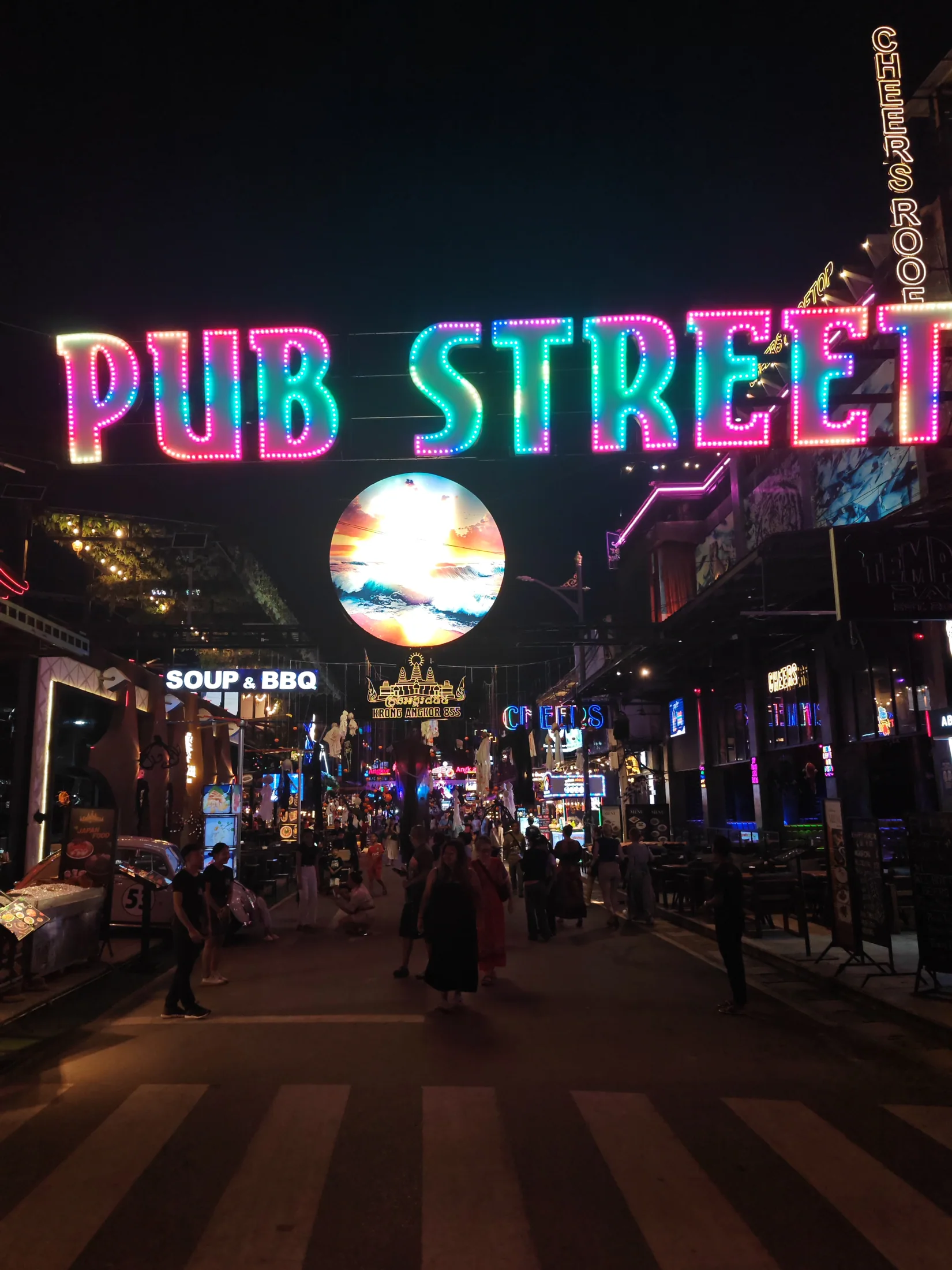 Neon lights over Pub Street in Siem Reap
